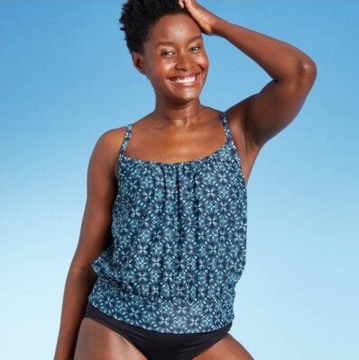 Women's Kona Sol Blouson Geometric Blue Tankini Swim Top Size