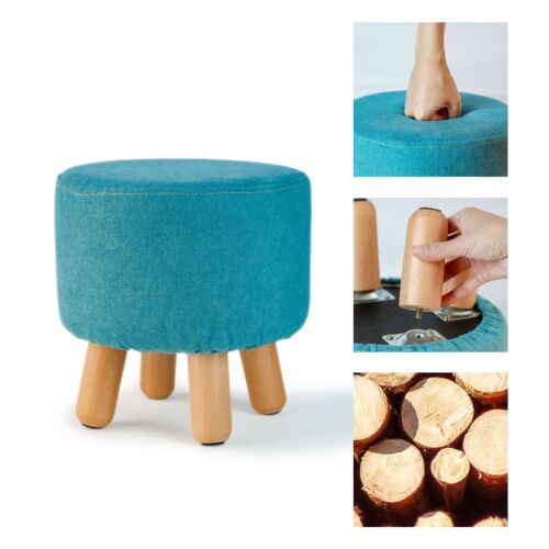 Sky Blue Fabric Round Padded Ottoman Foot Rest Stool w/ Wood Legs Stool Sheath - Picture 3 of 8