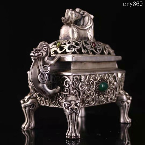 6”collection old antique Tibet Pure copper Inlaid with gems Lion cover furnace - Picture 4 of 9