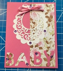 Baby-Girl-Card-Pink-Flowers-Real-Ribbon-Tie-On-Lace-Bib-Stones-Handmade