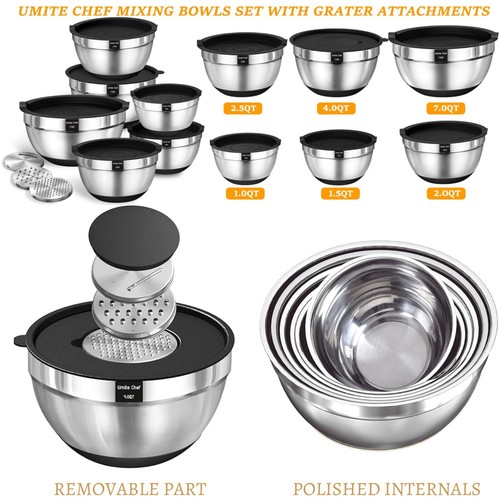 Mixing Bowls W/Airtight Lids Set 26PCS Stainless Steel Bowls Grater Set, Black - Picture 3 of 9