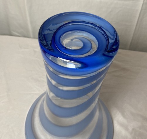 Vintage Murano Blue & White Optic Swirl Art Glass Trumpet Vase - 9.5" Tall - Picture 5 of 7