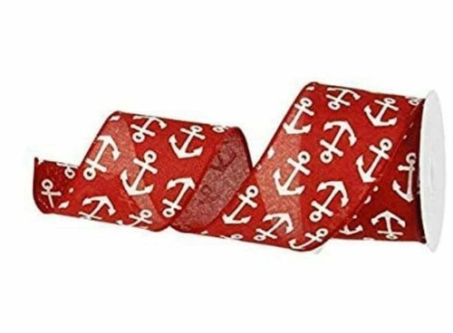1 METRE - 63mm (2.5") wide WIRED EDGE RED, NAVY NAUTICAL WHITE ANCHOR RIBBON - Picture 3 of 5