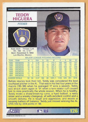 Teddy Higuera Milwaukee Brewers #126 - Puntuación casi nueva-como nueva 1992 - Imagen 2 de 2