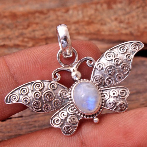 Moonstone Gemstone 925 sterling Silver Jewelry Solid Butterfly Pendant - Picture 5 of 14