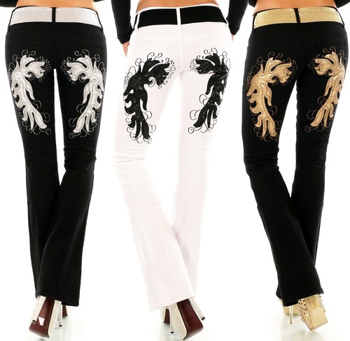 Damen Bootcut Jeans Hose Schlaghose Flamme Leder Stickerei Tattoo Gürtel XS-XXL - Bild 1 von 39