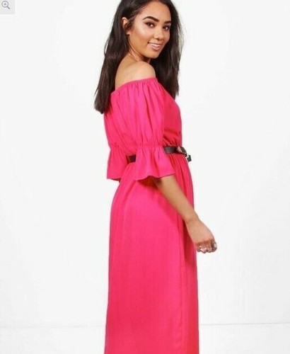 Boohoo - Petite Pink Sara Off The Shoulder Woven Maxi Dress UK Size 6 Brand New - Picture 2 of 4