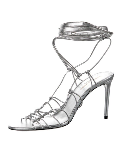 Saint Laurent Robin Sandals Slingback Heels Silver Leather Strappy 38.5 US8.5