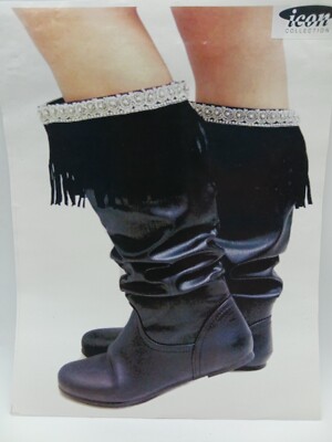 Women Pewter/White Beaded Native Boot Topper Pair Black Fringe