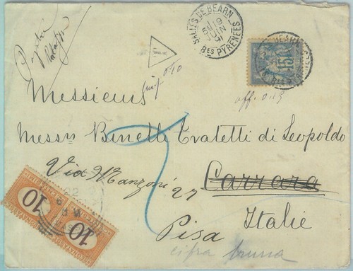 88870 - FRANKREICH - Postgeschichte: COVER nach ITALIEN 1891 BESTEUERT bei ANKUNFT Segnatasse