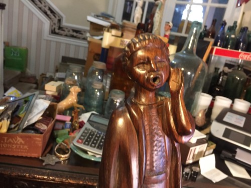 vintage  wood hand carved carving of boy smoking incense burner nice - Picture 2 of 12