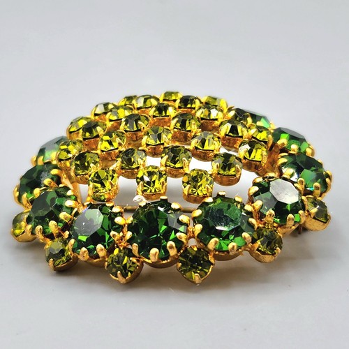 Vintage Austria Signed Two Tone Green Olivine Crystal Oval Dome Brooch - Picture 2 of 10