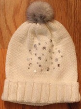 The Children's Place Girl's Knit Cream Winter Hat With Fur Pom Pom