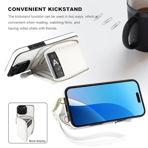 Crossbody Wallet Case for iPhone 16 Pro Max, RFID Blocking PU Leather White - Picture 7 of 7