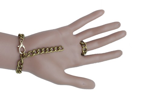 Women Groovy Bracelet Rusty Gold Metal Hand Chain Cobra Snake Charm Slave Ring - Bild 5 von 12