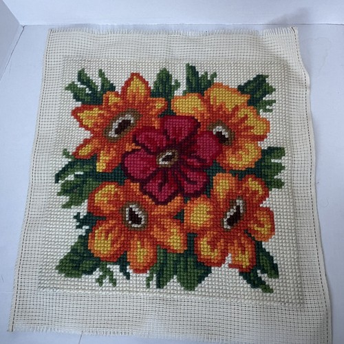 NEEDLEPOINT Cross Stitch CANVAS FLORAL Poppy Flowers Art Wall Pillow Orange Red - Picture 2 of 10