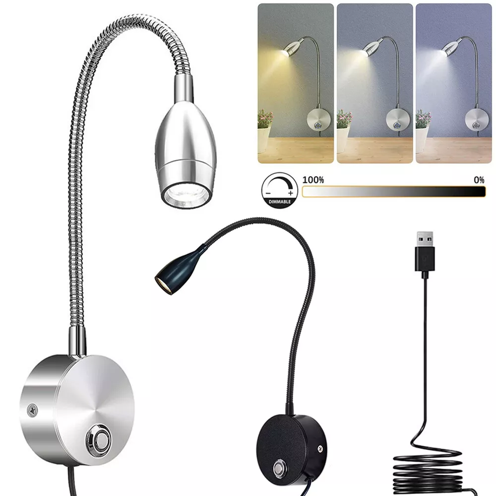 3W LED Reading Lights Bed Bedside Lamp w Flexible Gooseneck Wall Lamp Dimmable