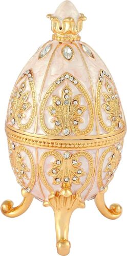 Faberge White Gold Enameled Egg Crystal Decorative Figurine Jewelry Trinket Box - Picture 2 of 6