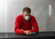 Sneeze Guard – 36” x 32” Portable Freestanding Shield 1/4 Acrylic w/ Access Hole