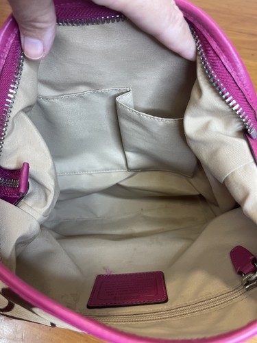 Coach Legacy Shoulder Purse 21149 Khaki Fuchsia Signature Canvas Leather Trim - Picture 7 of 11