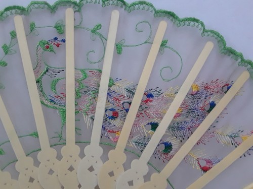Vintage Peacock Sewn Frilled Hand Fan Stitched Embroidered with Tassel - Picture 3 of 15