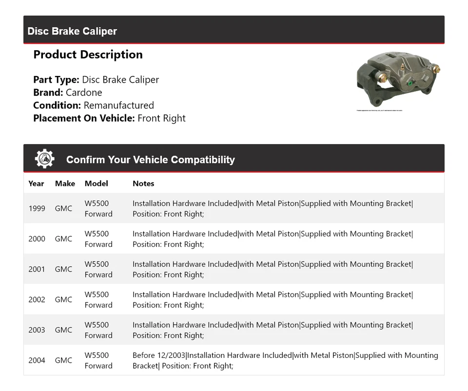 Pinza de freno de disco delantera derecha Cardone 2000 2001 para GMC W5500 1999-2004 Foto 2 de 4