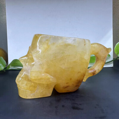 2.36LB Natural Yellow gum flower quartz carved skull cup crystal reiki decor 1PC