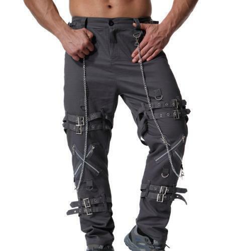 Herren Cargohose gerades Bein Hose Hip Hop Kette Nachtclub Punk Rock Style D - Bild 4 von 16