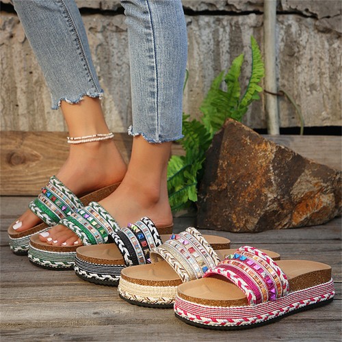Women's Ethnic Style Platform Woven Slippers Espadrille Summer Casual Slide - Picture 5 of 14