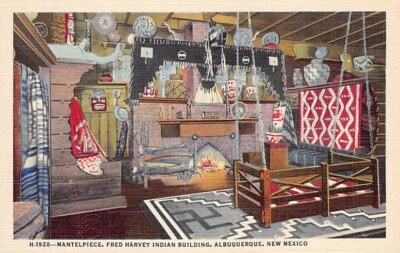 Postcard NM: Mantelpiece, Fred Harvy Indian Bldg., Albuquerque, New Mexico Linen