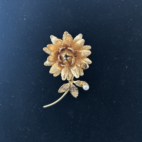 Hobe Flower Pearl Tiger Eye Brooch Vintage Signed Rare