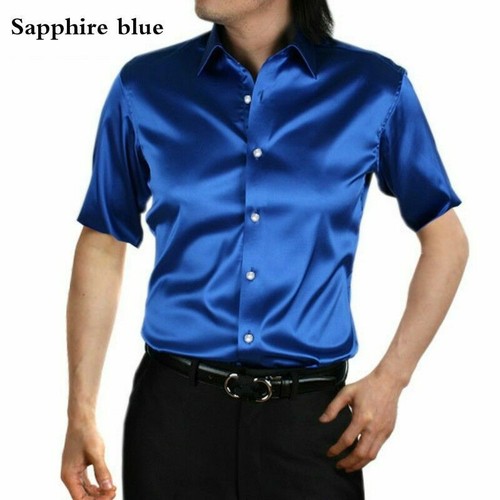 Men Faux Silk Satin Dress Shirts Short Sleeve Button Business Slim Casual Blouse - Picture 7 of 25