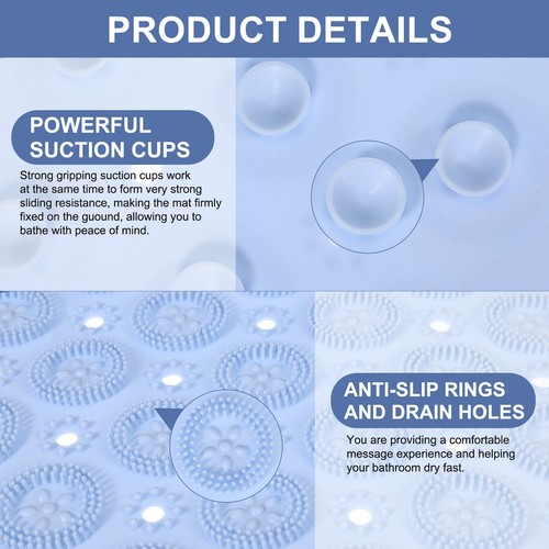 11.81 x 11.81" Round Non-slip Shower Mat with Suction Cup & Drain Hole, Blue - Picture 3 of 7