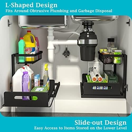 Under Sink Organizers Storage 2 Tier Slide Out Kitchen Cabinet Bathroom Storage - Picture 3 of 16