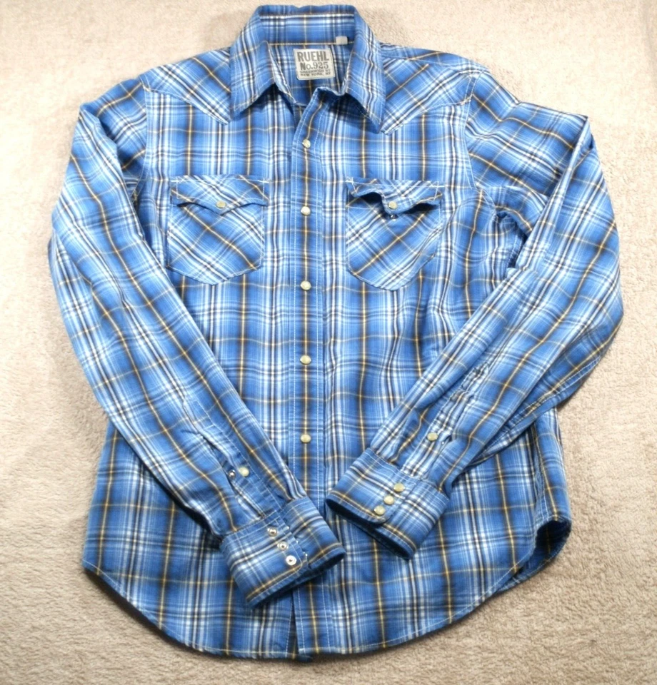 Camisa Ruehl Nº 925 Estilo Occidental Perla Snap Algodón Azul Cuadros M Vaquero Trabajo Foto 2 de 4