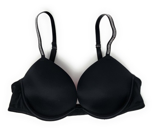 Victoria’s Secret PINK Super Push Up Padded Bra 38B Solid Black Bling Straps
