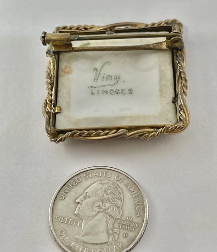 Broche cuadrado dorado de porcelana Art Deco pintado a mano pájaros en vinilo Limoges - Imagen 3 de 5