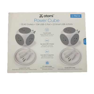 New Atomi Power Cube 2-Pack 3AC Outlets + 3 Smart USB Ports(2 USB-A & 1 USB-C)