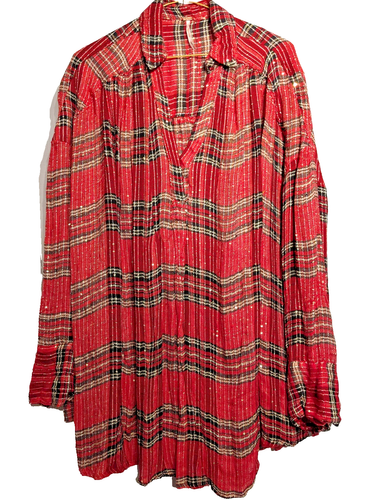 Free People Shirt Damen M kariert Pailletten Boho Chic Tunika Langarm Oberteil