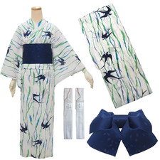Women's Yukata Coordinate Set For Beginners : White Yukata  Navy Obi
