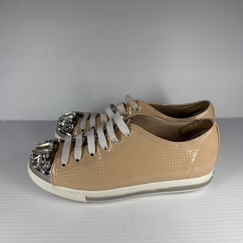 MIU MIU Sneakers 38 / 7 Beige Patent Leather Women’s Shoes Embelished Designer - Picture 4 of 14