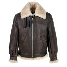 Women’s Brown B3 Shearling Aviator Real Sheepskin Leather Fur Bomber Flight Coat
