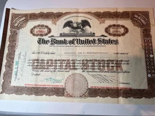 The Bank of United States Capital Stock Certificate 1929 - 5 Shares