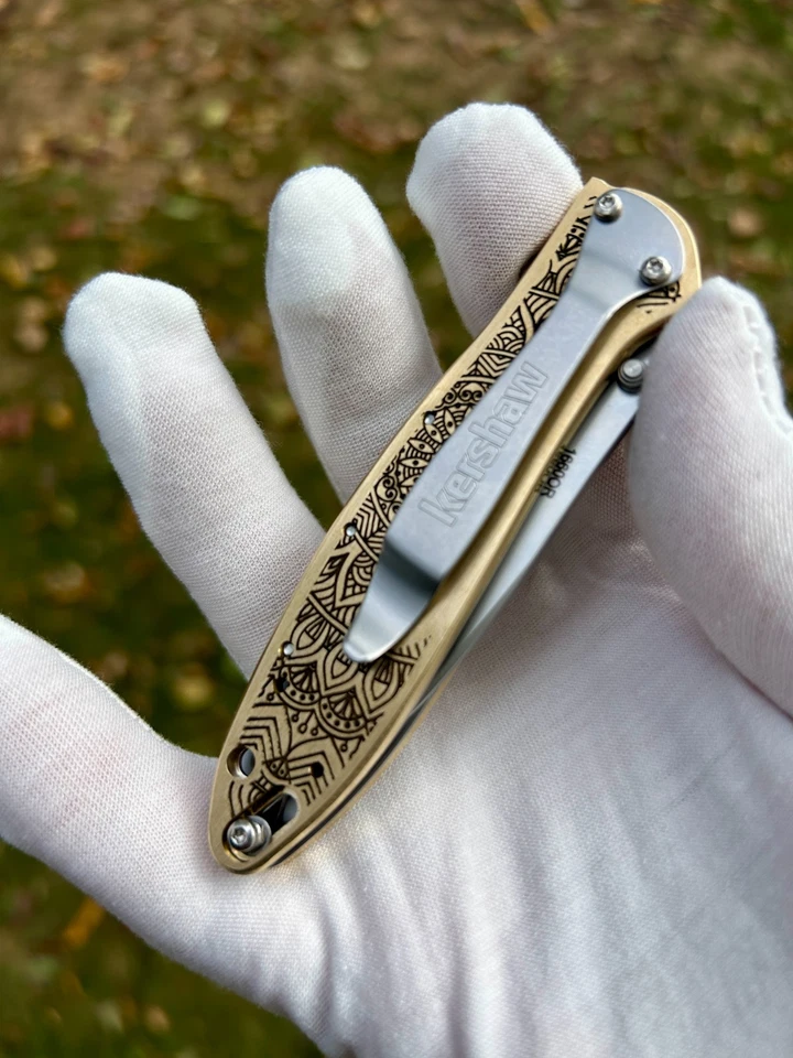 Cuchillo de puerro Kershaw personalizado | Escalas de piel de dragón de latón grabado | Hecho en EE. UU. Foto 3 de 4