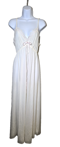 Vintage Miss Elaine Long Nightgown Slip Dress White Swiss Dot Brushed Nylon Pink - Picture 2 of 12