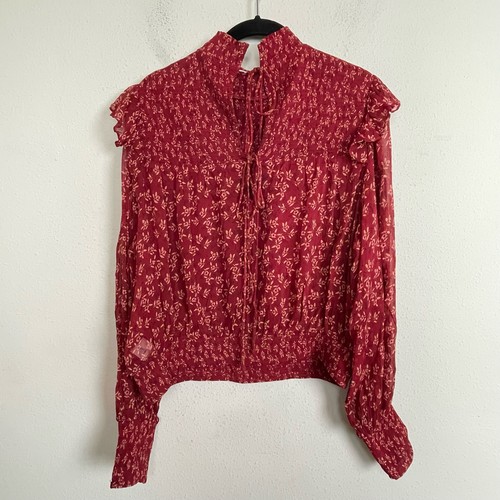 Free People Roma Blouse M Smocked Floral Drop Shoulder Boho Cottagecore - Picture 4 of 13