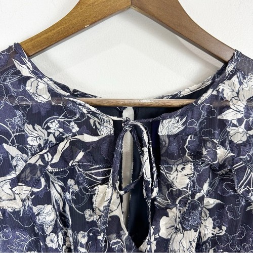 Marchesa Notte Navy Floral Tiered Ruffle Midi Dress Chiffon Long Sleeve Size 4 - Picture 7 of 14