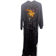 Vintage Golden Bee Embroidered Dragon Kimono Robe Black Rayon Floral Sz L
