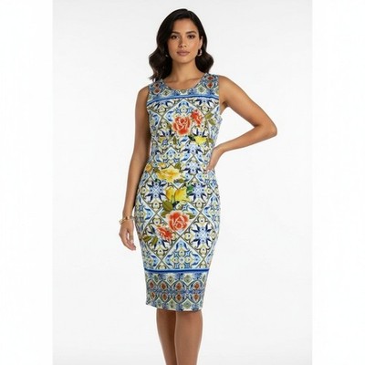 Boston Proper Womens Floral Tile Sheath Dress Size 10 Multicolor Mediterranean
