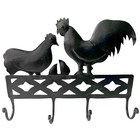 Farmhouse Rooster Hen Chick Wall Hook Rack Black Metal 4 Hooks Rustic Country